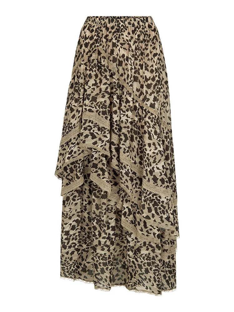Leopard Printed Maxi Skirt Female Ruffled Patchwork Summer High Waist Bandage Party Looks Long Skirt