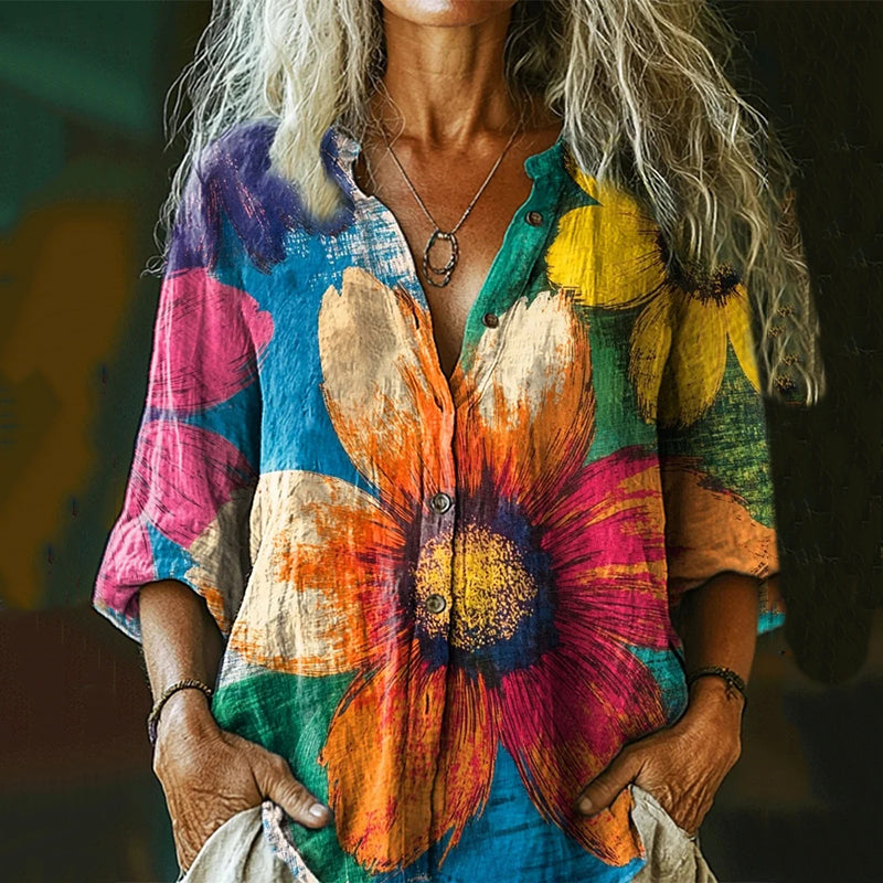 Women's Colorful Tie-dye Sunflower Art  Casual Linen Shirt elevenforest