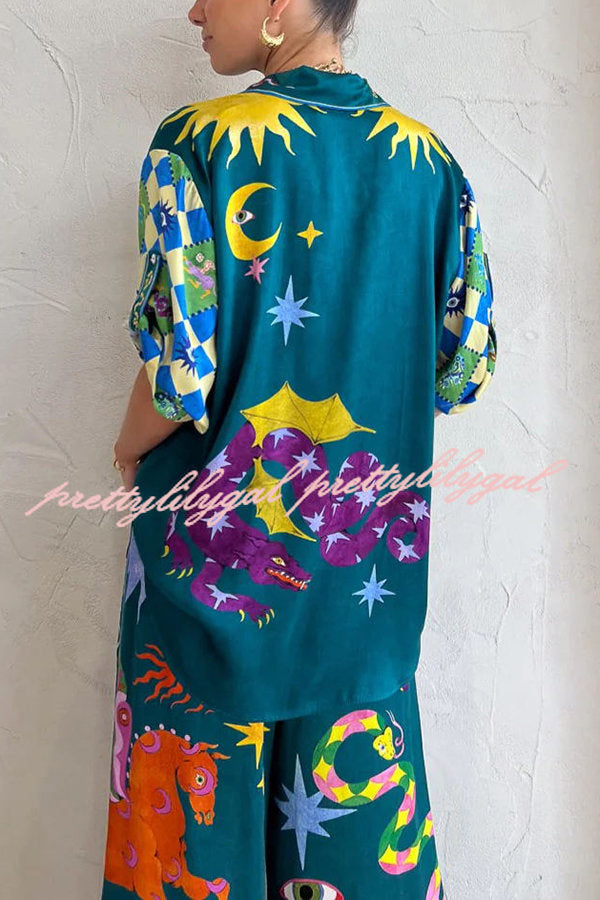 Beachy Linen Blend Unique Print Button Down Oversized Blouse
