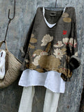 Comstylish Vintage Lotus Flower Art Linen Blend Flowy Tunic
