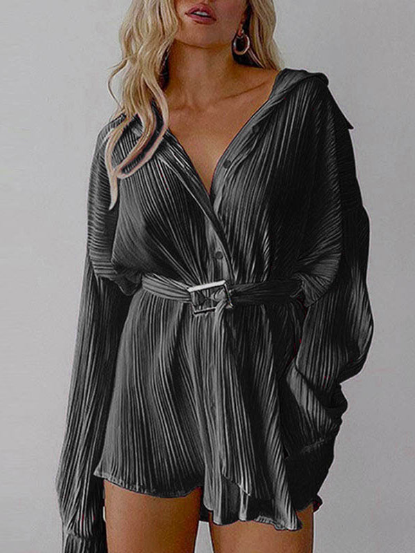 Long Sleeves Buttoned Pleated Color Tied Waist Lapel Mini Dresses Shirt Dress