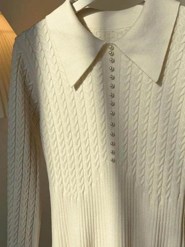 Ribbed Autumn Knit Long Dress for High Waist Long Sleeve Dress Lapel Loose Knitwear Maxi Dress