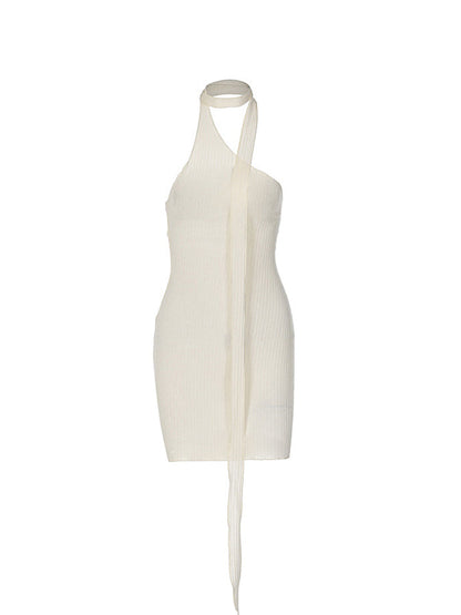 Backless Ribbon Slim Mini Dress With Slanted Shoulder