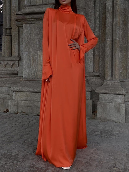 Flared Sleeves Long Sleeves Color High-neck Maxi Dresses