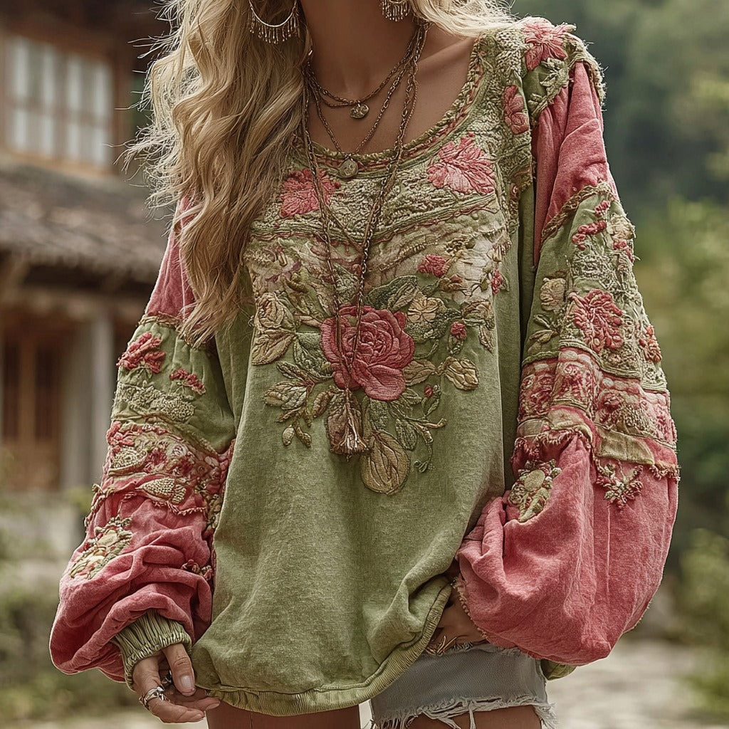 Women's Retro Bohemian Rose Floral Stitching Warm Round Neck Sweatshirt elevenforest