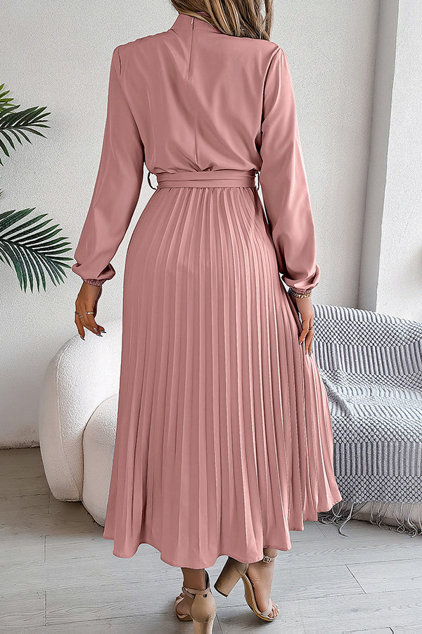 Stand-collar Long-sleeve Waisted Tie-up Pleated Midi Dress