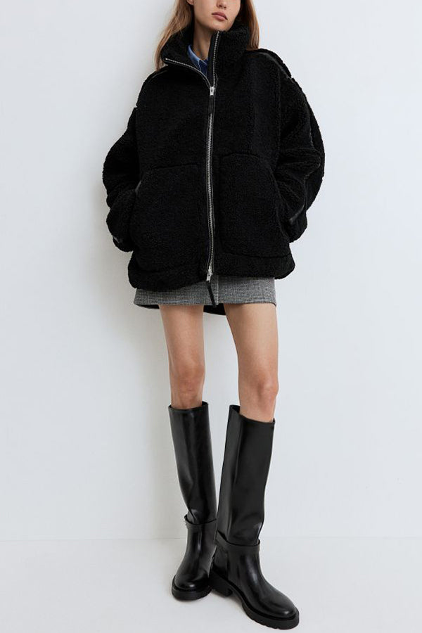 Color Stitching High Collar Long Sleeve Loose Pocket Woolen Coat