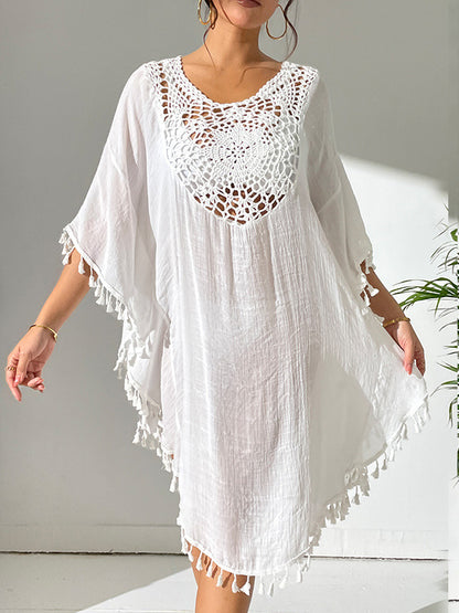 Batwing Sleeves Loose Hollow Color Sun Protection Tasseled Round-neck Cover-ups Tops Midi Dresses