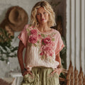 Women's Vintage Rose Floral Gradient Art Linen Comfy T-shirt elevenforest
