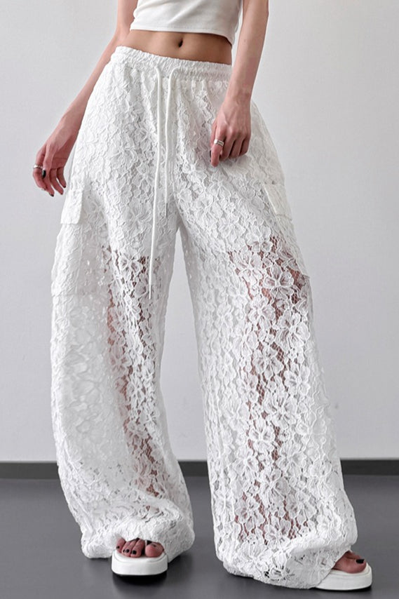 White Lace Cutout Wide Leg Pants