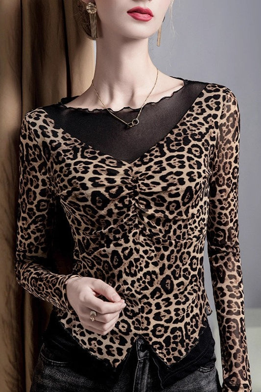 Leopard Print Fake Two-piece Mesh-paneled Blouse