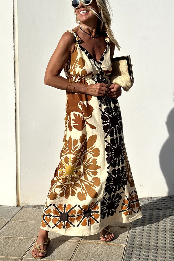 Jalen Linen Blend Print Knotted Strap Elastic Waist Midi Dress