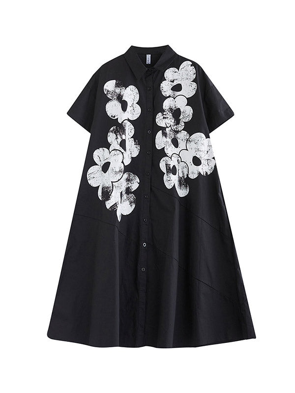 A-line Loose Asymmetric Buttoned Flower Print Lapel Midi Dresses Shirt Dress