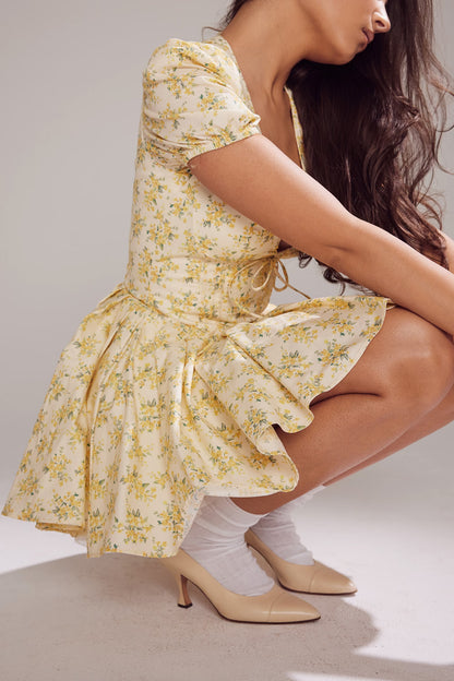 Buttercup Print Pleated Cotton Mini Dress