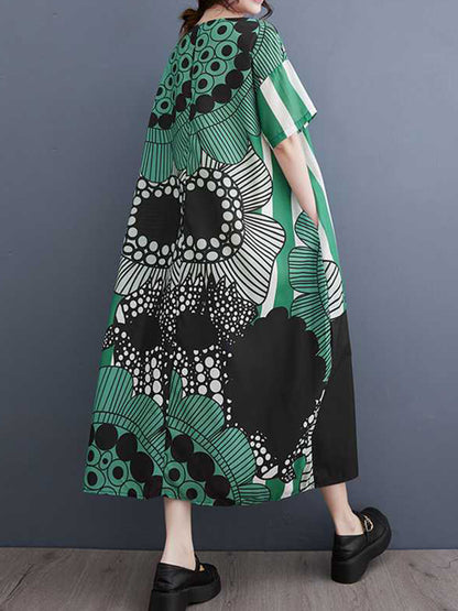 A-line Loose Flower Print Pockets Split-joint Round-neck Midi Dresses