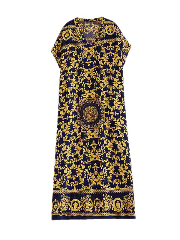 A-line Batwing Sleeves Printed V-neck Maxi Dresses