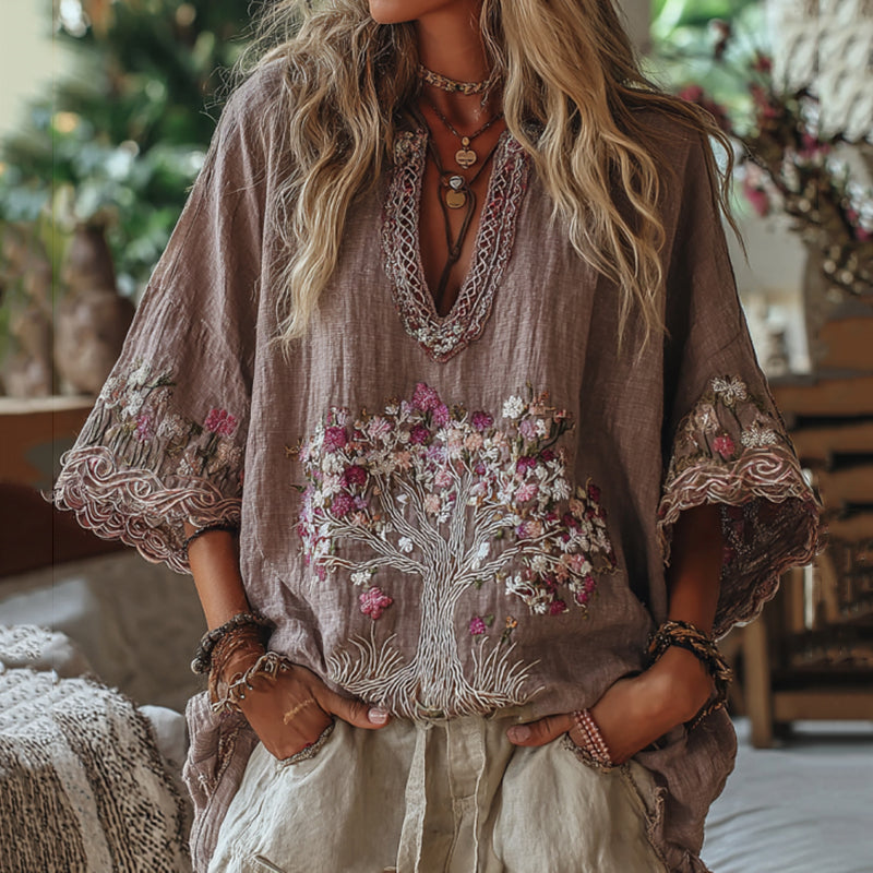Women's Tribal Tree Of Life And Floral Art Casual Shirt elevenforest