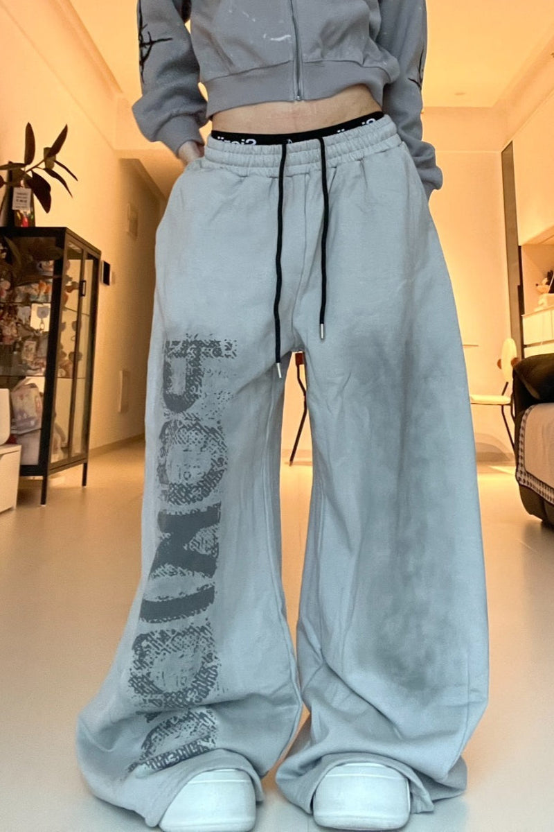 Letter Print Tie Wide Leg Sweat Pants
