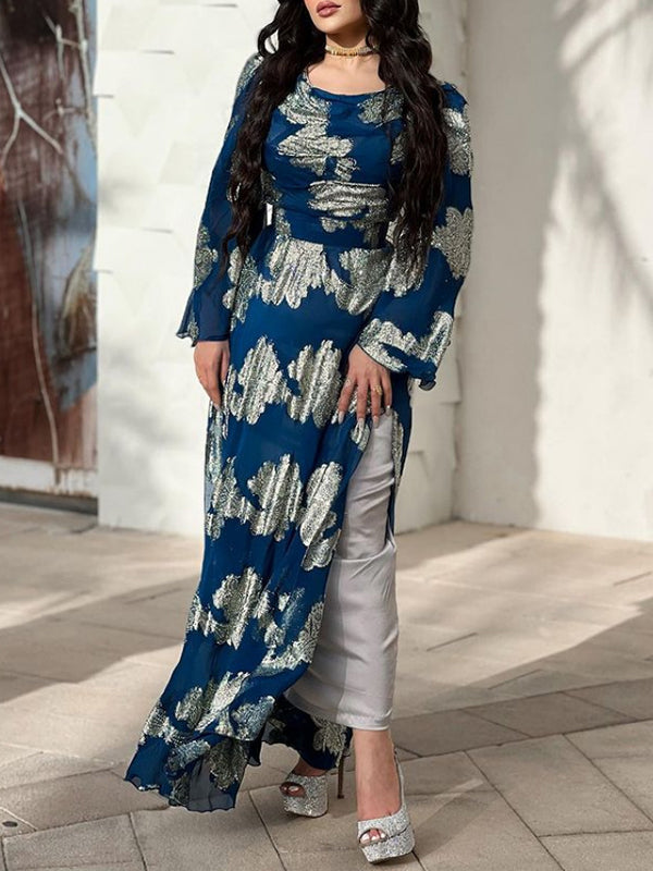 Flared Sleeves Printed Split-side Evening Dresses Maxi Dresses