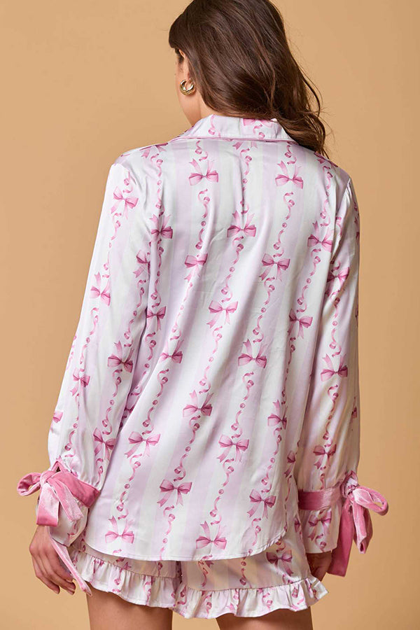 Christmas Printed Bow Tie Top and Elastic Waist Ruffle Shorts Set