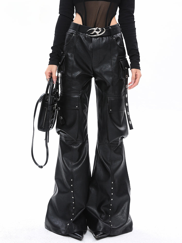 Lautaro Soft Black Baggy Pu Leather Cargo Pants for
