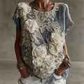 Women's Vintage White Rose Pattern Linen Crew Neck T-shirt elevenforest