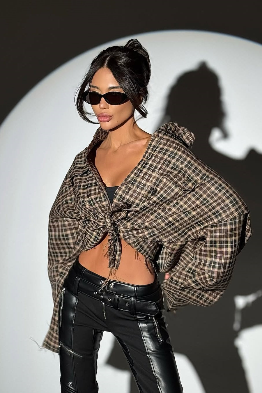 Plaid Distressed Collared Blouse