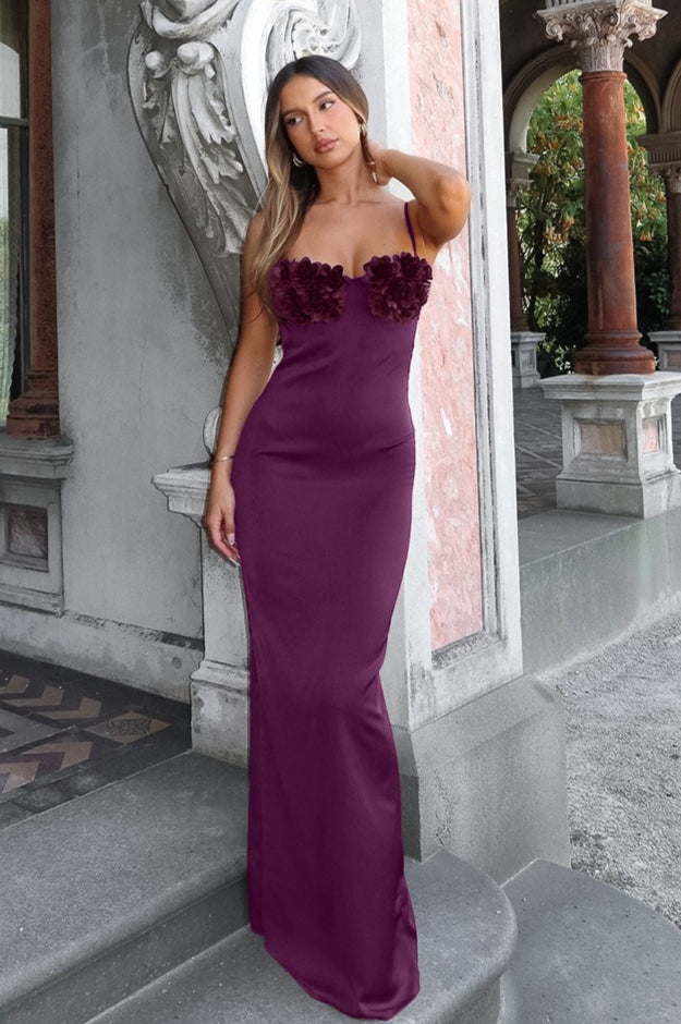 Rose Backless Satin Cami Maxi Dress