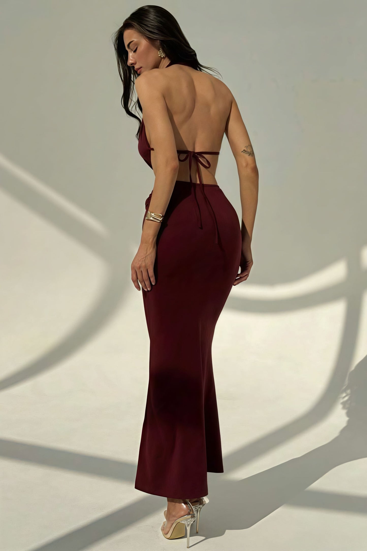 Halter Deep V Neck Backless Metal Maxi Dress