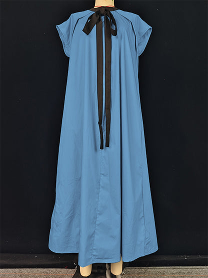 A-line Loose Pleated Tied Round-neck Midi Dresses