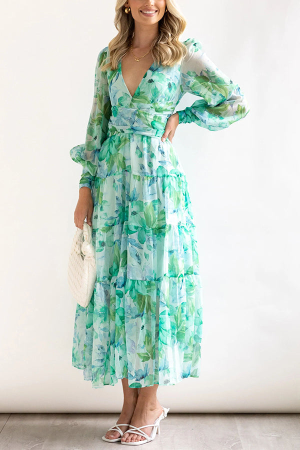 Olena Abstract Balloon Sleeves Maxi Dress (the Back Is Stretchy)