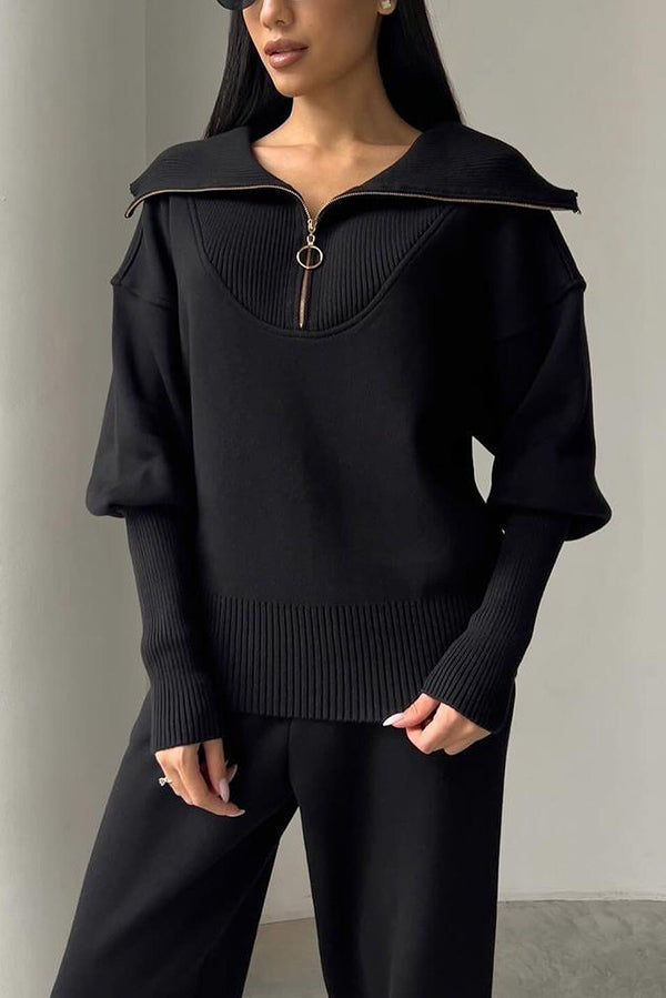 Color Long-sleeved Zip-up Sweatshirt and Elastic Waist Loose Pocket Pants Set