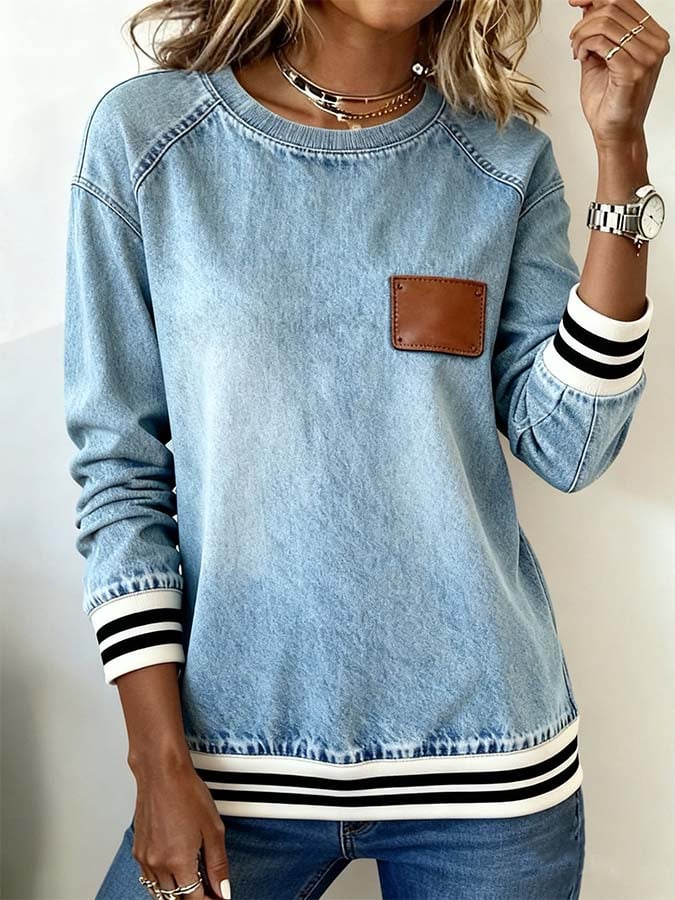 Women'S Casual Contrast Color Denim Patchwork Long-Sleeved Top 