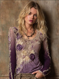 Boho Purple Floral Embroidery Women's Long Sleeve T-shirt elevenforest