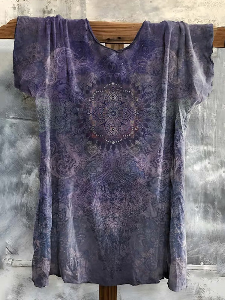 Women's Hippie Print V-neck T-shirt elevenforest
