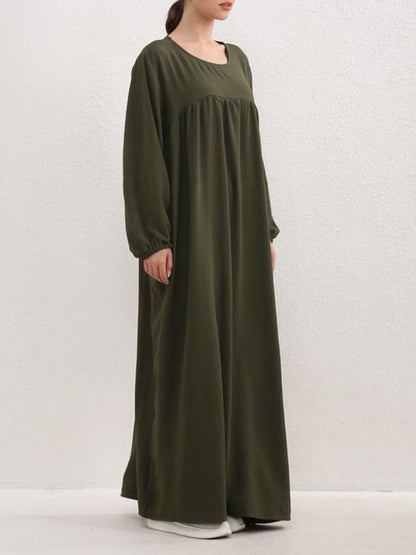 Long Sleeves Loose Pleated Color Split-joint Round-neck Maxi Dresses