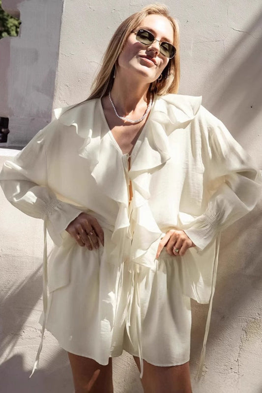 Ruffled V-neck Loose Two-piece Blouse