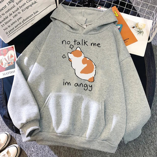 No Talk Me Angry Cat Print Hoody Hip Hop Soft Sweatshirt Fleece Sweatshirt Oversize Fleece