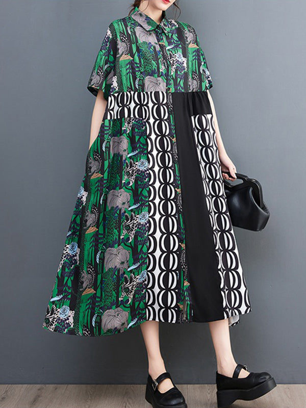 Short Sleeves Loose Printed Split-joint Lapel Midi Dresses Shirt Dress
