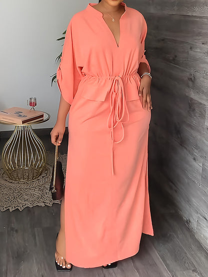 Loose Drawstring Color Split-side V-neck Maxi Dresses