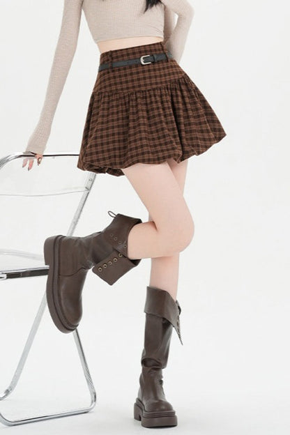 Plaid Bubble A-line Khaki Short Skirt