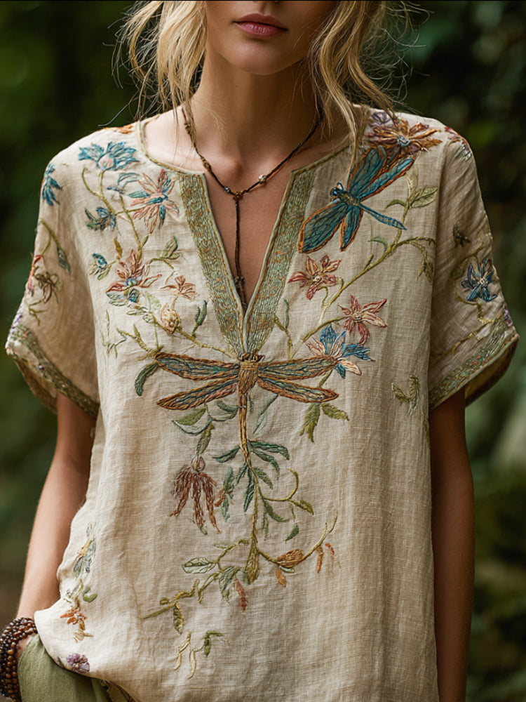 Bohemian Style Dragonfly Flower Three-dimensional Embroidery Vintage V-neck Short-sleeved Shirt elevenforest