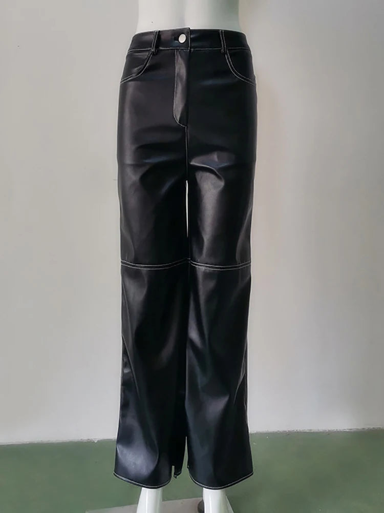 Pu Leather Straight Pants Black High Waist Long Pant for Autumn Style Trousers Y2k