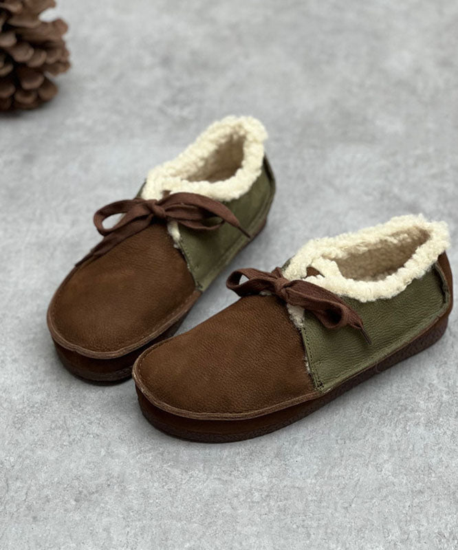 Coffee Flat Shoes for Lace Up Fuzzy Wool Lined Flat Shoes for