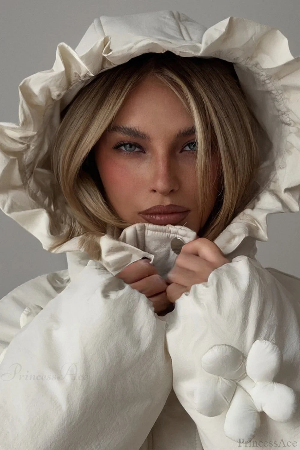 3d Ruffled Hood Cropped Padded Coat
