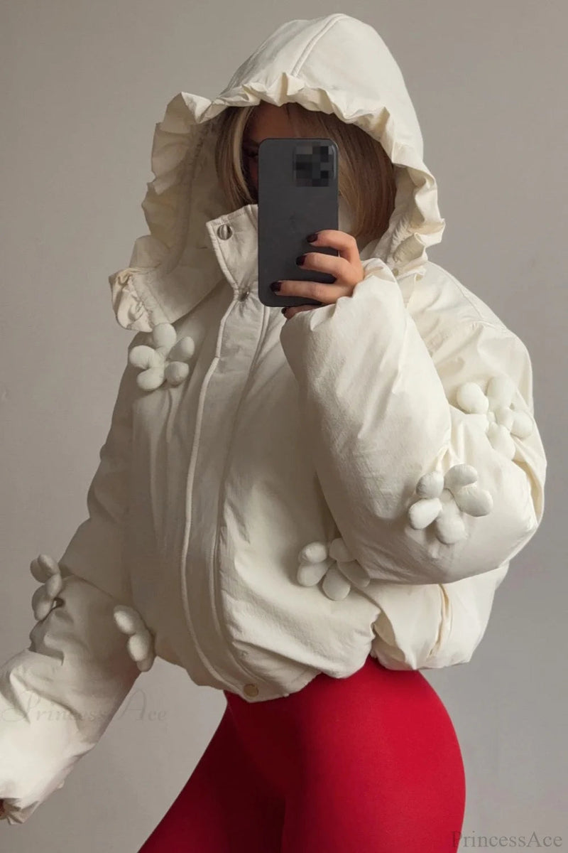 3d Ruffled Hood Cropped Padded Coat