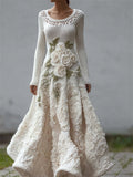 Classy White Roses Lace Patchwork Cozy Maxi Sweater Dress artswardrobe