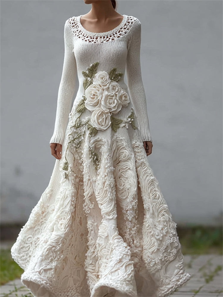 Classy White Roses Lace Patchwork Cozy Maxi Sweater Dress