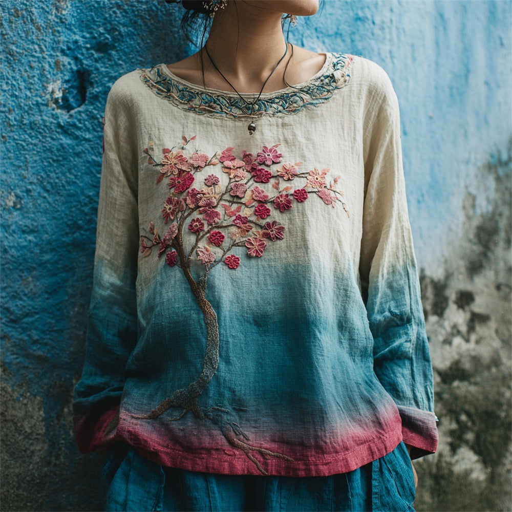 Vintage Plum Flower Embroidery Women's Linen Long Sleeve Shirt elevenforest