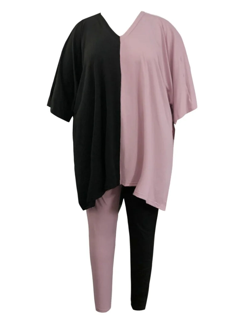 V Neck Side Split Patchwork Pants Set Autumn ’s Short Sleeve Oversized Two Pieces Outfit